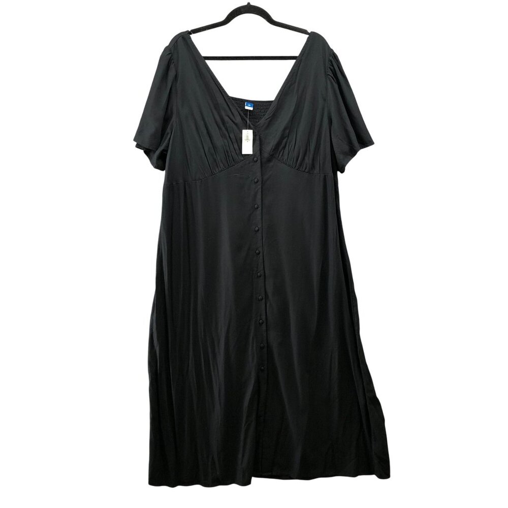 NWT Old Navy Black Midi Dress 2X Short Sleeve Rayon V-Neck Crepe Button Front